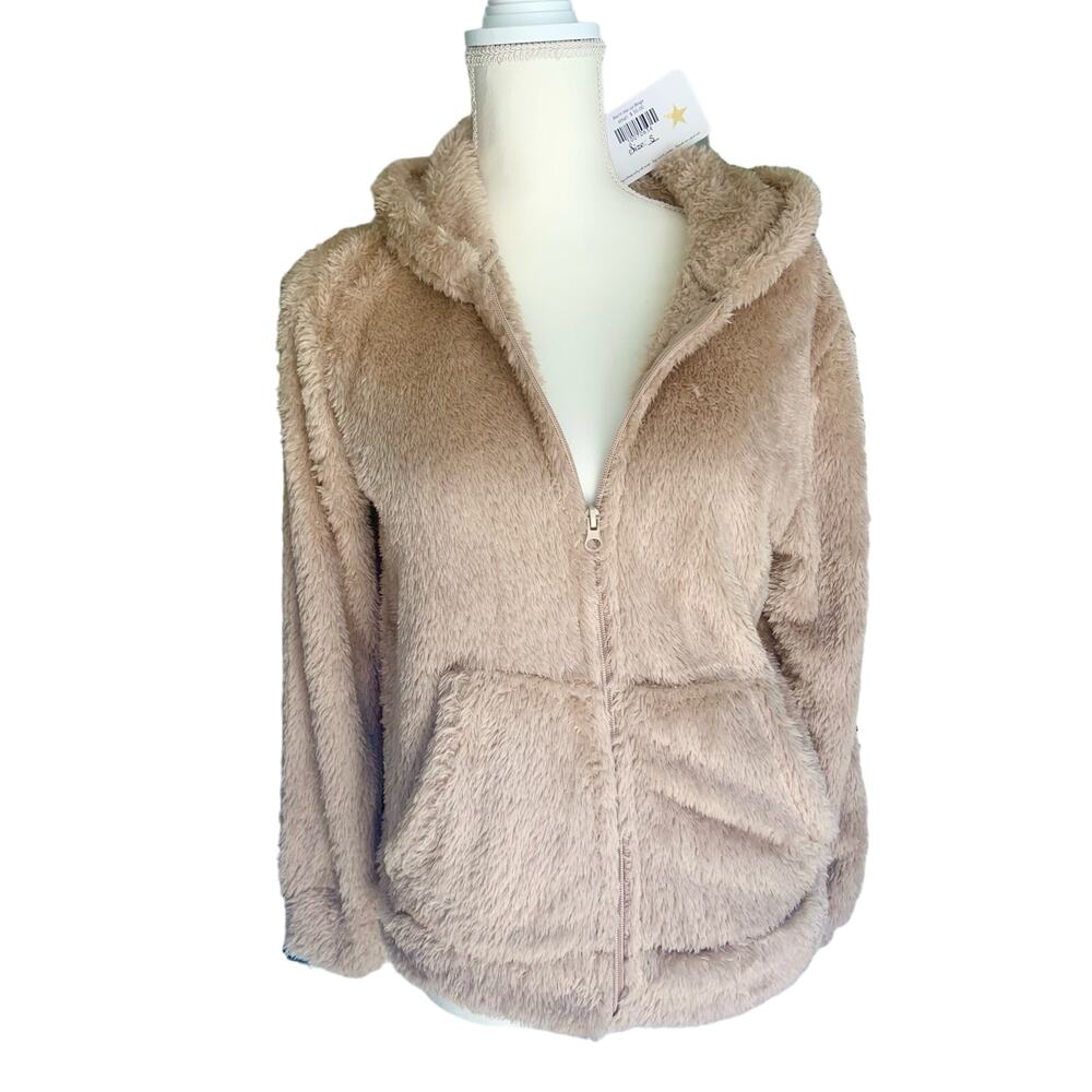 NWT Pink Paparatzi Warm Me Up Beige Fuzzy Soft Hooded Zip up Jacket Womens Small